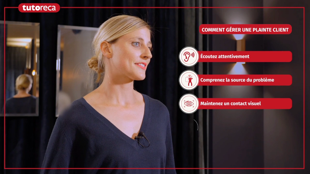 Formation E-learning Hôtellerie | Tutoreca - Tutoriels 3min Tutoreca Hospitality Online Training Premium tutorial interface showing 3-minute expert-led hospitality training with multilingual subtitles and interactive quiz features